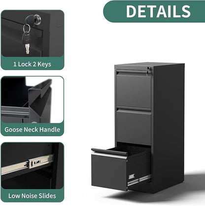 3 Drawer File Cabinet with Lock,Metal Vertical Filing Cabinets for Home Office,Heavy Duty File Storage Cabinet for Letter/Legal/A4/F4 Size File,Assembly Require (Black, Vertical 3 Drawer)