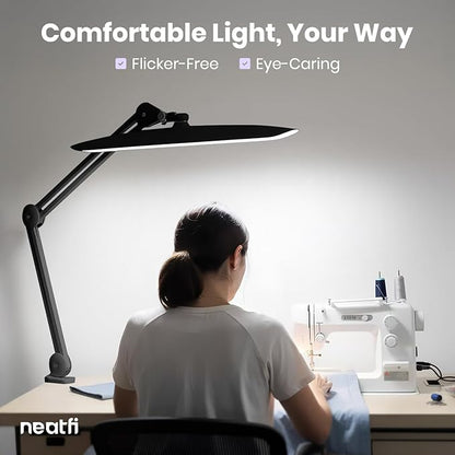 Neatfi XL LED Desk Lamp with Clamp, 2200 Lumens, 20W, 20-Inch Wide Head, Dimmable 4 Brightness Levels, 3 Color Modes 3000K–6000K, Task Light for Home Office, Crafts, Workbench (CCT, Black)
