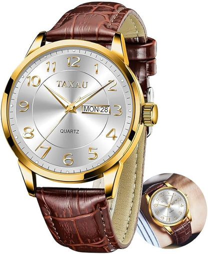Men's Watch Big Face Easy Read Arabic Numeral Dress Watches for Men Classic Black Brown Leather Band Analog Mens Wrist Watch with Day and Date Fashion Business Waterproof Luminous Quartz Watch