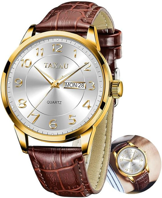 Men's Watch Big Face Easy Read Arabic Numeral Dress Watches for Men Classic Black Brown Leather Band Analog Mens Wrist Watch with Day and Date Fashion Business Waterproof Luminous Quartz Watch