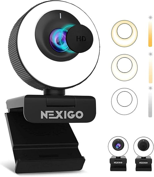 NexiGo N620E 60FPS AutoFocus ePTZ Webcam, 2X Digital Zoom, Ring Light & Privacy Cover, [Software Included], 1080P FHD Streaming Web Camera, Dual Stereo Mics, for Zoom Skype Teams (Renewed)