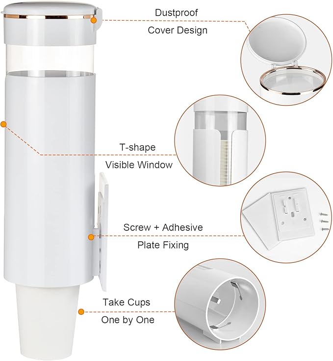 Cup Dispenser, Pull Type Water Cooler Cup Holder Fit 4oz-7oz Disposable Cups, Upgraded Wall Mounted Mouthwash Cup Dispenser for Bathroom Office Gym School (White)