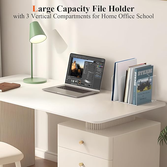 Acrylic File Organizer for Desk, Clear Magazine File Holder Sorter with 3 Vertical Compartments Rack, Desk Organizer Office Supplies Stand Bookshelf - 8.46" W x 7.2" D x 6.5" H
