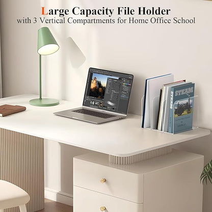 Acrylic File Organizer for Desk, Clear Magazine File Holder Sorter with 3 Vertical Compartments Rack, Desk Organizer Office Supplies Stand Bookshelf - 8.46" W x 7.2" D x 6.5" H