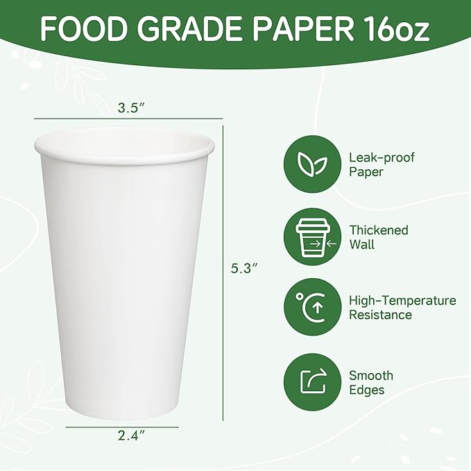 Coffee Cups 16 oz 200 Pack, Disposable Paper Cups for Hot Beverage Drinking, White Hot Cups Suitable for Party, Picnic, Travel, and Events