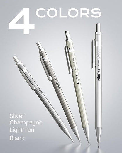 Nicpro 8 Pack 0.5mm & 0.7mm Metal Mechanical Pencil Set, MB1000 Lead Drafting Pencil for Artist Writing, Sketching, Drawing with 8 Tubes HB Lead Refills, 3PCS 4B Eraser, 9PCS Cap Eraser - With Case