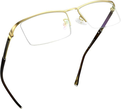 LifeArt Alloy Semi-Rimless Reading Glasses,Blue Light Blocking Glasses, Anti Eyestrain, Computer Gaming Glasses, TV Glasses for Men, Anti Glare (Golden, +0.75 Magnification)