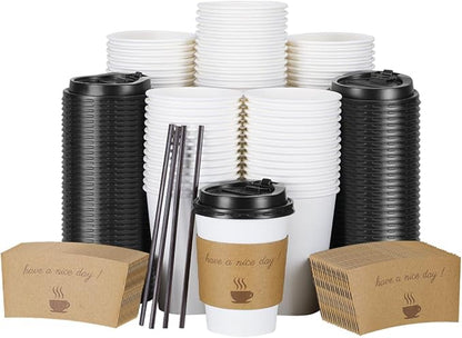 100 pack 12 oz Disposable Thickened Coffee Cups with Lids, Scald Resistant Hot Cup with Sleeve and Straw, To Go Coffee Cups for Home, Office, Cafes and Party (White 12oz)