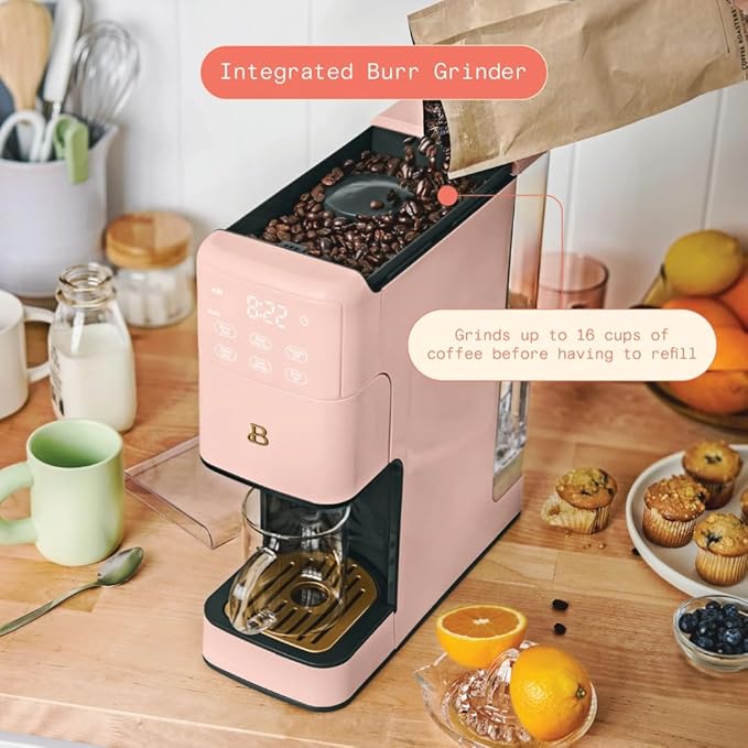 Beautiful Single Serve Coffee Maker with Built-In Burr Grinder, Hot or Iced, Pod-Free, 6 Brew Sizes, 3 Strengths, Touch Display, Reusable Filter, 64oz Reservoir, Slim Design (Rose)