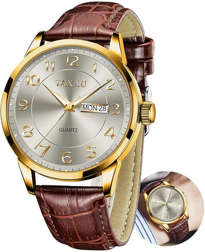 Men's Watch Big Face Easy Read Arabic Numeral Dress Watches for Men Classic Black Brown Leather Band Analog Mens Wrist Watch with Day and Date Fashion Business Waterproof Luminous Quartz Watch