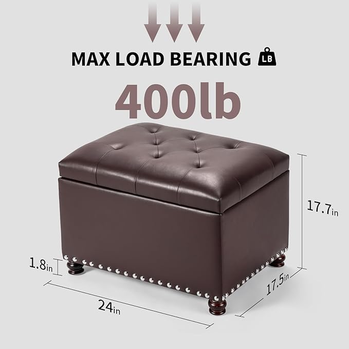 Adeco Bonded Leather Square Tufted Storage Footstool, 18" ottoman, Dark Brown