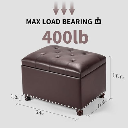 Adeco Bonded Leather Square Tufted Storage Footstool, 18" ottoman, Dark Brown