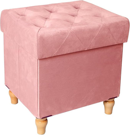 CAROLMADE Folding Storage Ottoman Cube Velvet Footstool with Wood Legs Ottoman Footrest for Living Room and Bedroom Pink, Grey 15"x12.6"x15.4"