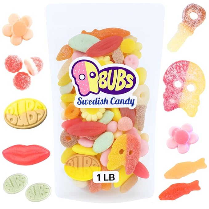 Swedish Candy sweet and sour pick n mix 1 lb including BUBS, Skulls, Swedish Fish and Sour Gummies, great for Chrismas Candy