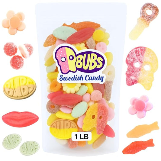 Swedish Candy sweet and sour pick n mix 1 lb including BUBS, Skulls, Swedish Fish and Sour Gummies, great for Chrismas Candy