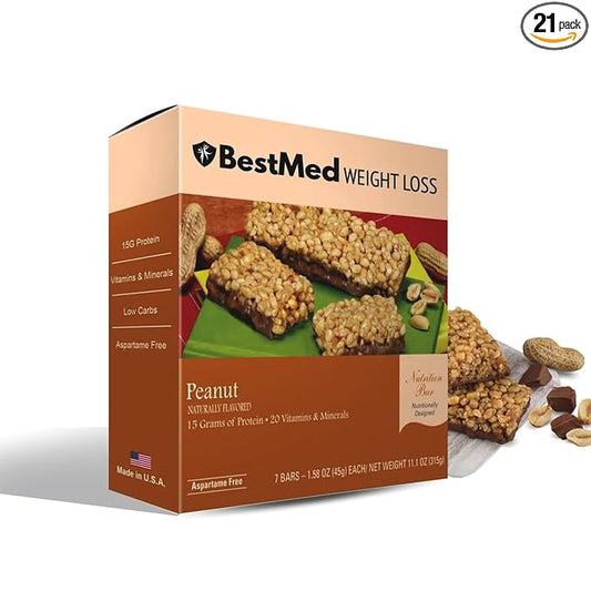 BestMed - High Protein Nutrition Bar - Low-Carb, 15g Protein, Low Sugar, High Fiber, Low Calorie, Meal Replacement Bar (Peanut, 3 Box - 21 Count)