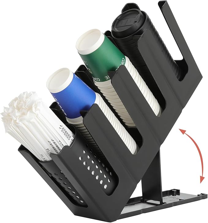 Paper Cup and Lid Holder with Straw Organizer,4 Compartment Adjusting,Coffee Cup Dispenser for Countertop,Coffees Station,Bar Restaurant,Black
