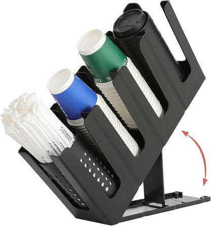 Paper Cup and Lid Holder with Straw Organizer,4 Compartment Adjusting,Coffee Cup Dispenser for Countertop,Coffees Station,Bar Restaurant,Black
