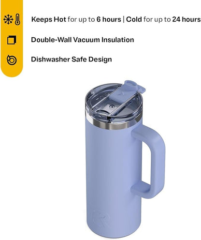 RTIC 20oz Road Trip Travel Mug with Lid and Handle, Ceramic Lined, Insulated, Stainless Steel, Metal, Double Wall Vacuum-Insulation, Portable Coffee, Tea Cup for Hot and Cold Drink, Periwinkle