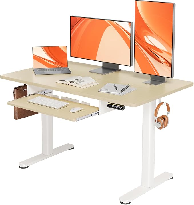 YDN Standing Desk, Height Adjustable Computer Desk with Keyboard Tray, 48 Inch Natural Ergonomic Desk for Home Office and Gaming