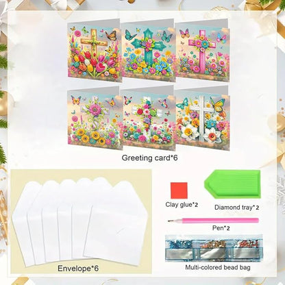 6pcs DIY Cross Diamond Art Painting Greeting Cards Kit, Rhinestone Art Holiday Birthday Card Set with Envelopes, DIY Festival Craft for Girlfriend, Christmas Valentine Gift Making Supplies