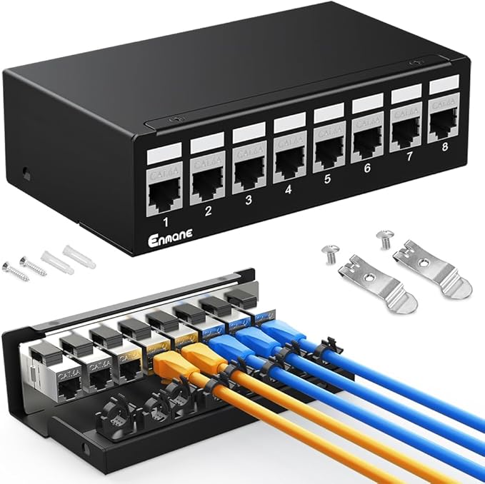 8Port Patch Panel CAT6A Keystone Patch Panel Shielded Network Patch Patch with Smart Cable Management for Home/Office Network (1U 8Port, CAT6A)