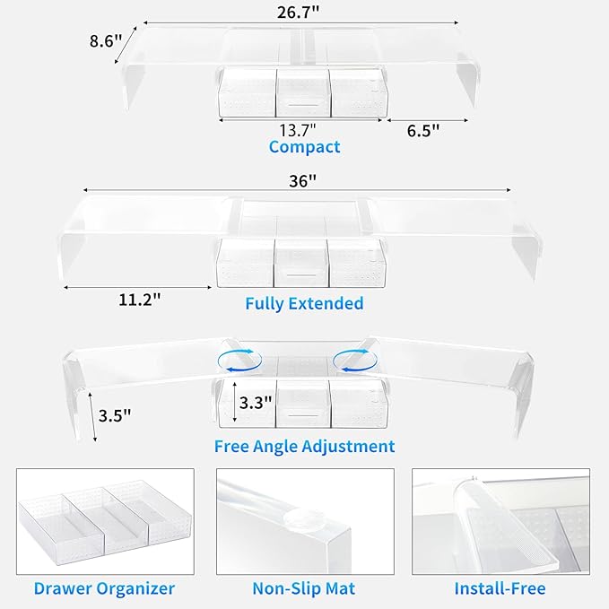 OPNICE Clear Acrylic Desk Organizers and Accessories, Dual Computer Monitor Stand Riser with Drawer, Desk Shelf for Monitor, Workspace Desktop Organization for Office Supplies