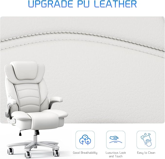 GYI Big and Tall Office Chair 400lb Wide Seat, Ergonomic High Back Leather Executive Desk Chair with Flip-up Arms, White