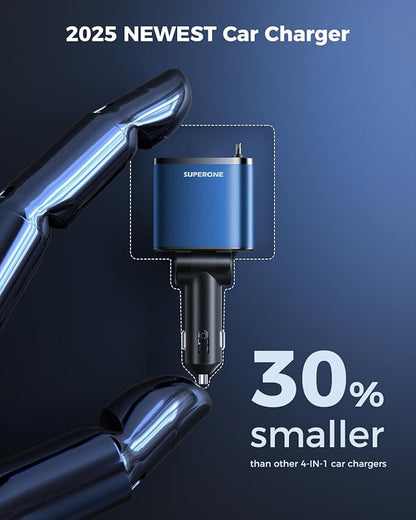 [2024 Upgraded] 4 in 1 Retractable Car Charger, SUPERONE Smaller Fast Car Phone Charger 69W with Cord, USB C and iPhone Car Charger Adapter, Compatible iPhone 17/17 Pro Max/16/15/14/13, Sumsung