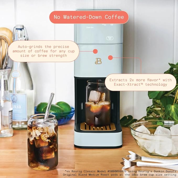 Beautiful Single Serve Coffee Maker with Built-In Burr Grinder, Hot or Iced, Pod-Free, 6 Brew Sizes, 3 Strengths, Touch Display, Reusable Filter, 64oz Reservoir, Slim Design (Hydrangea)