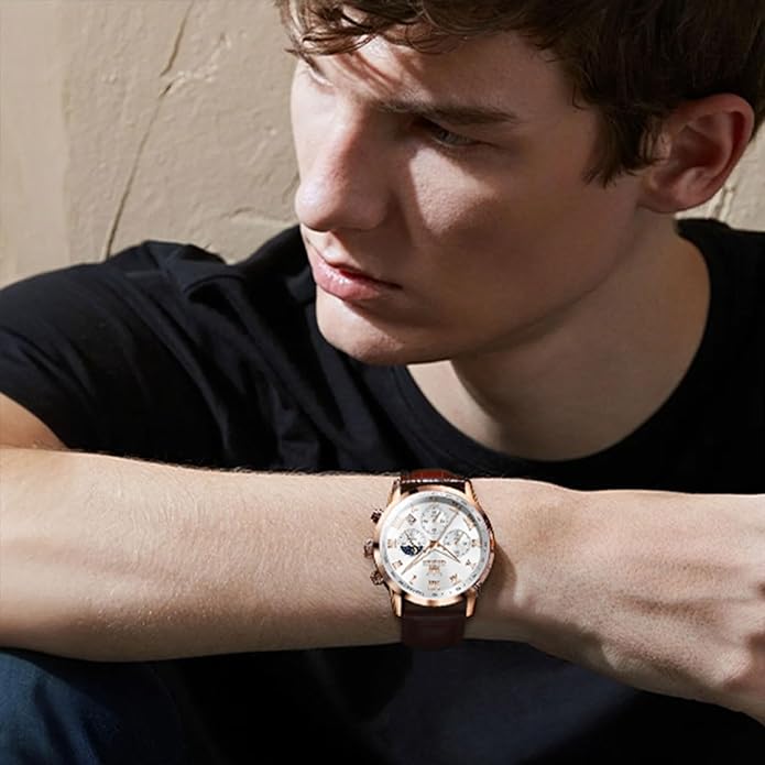 OLEVS Men's Leather Analog Quartz Watch - Luxury Chronograph Wristwatch With Date, Waterproof, Luminous - Dress Style