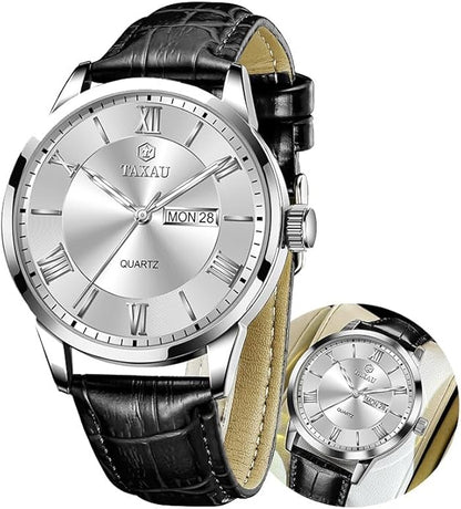 Men's Watch Big Face Easy Read Arabic Numeral Dress Watches for Men Classic Black Brown Leather Band Analog Mens Wrist Watch with Day and Date Fashion Business Waterproof Luminous Quartz Watch