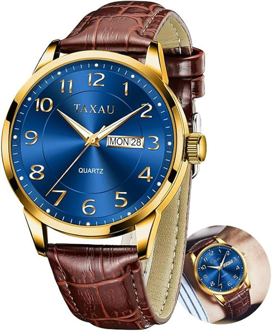 Men's Watch Big Face Easy Read Arabic Numeral Dress Watches for Men Classic Black Brown Leather Band Analog Mens Wrist Watch with Day and Date Fashion Business Waterproof Luminous Quartz Watch