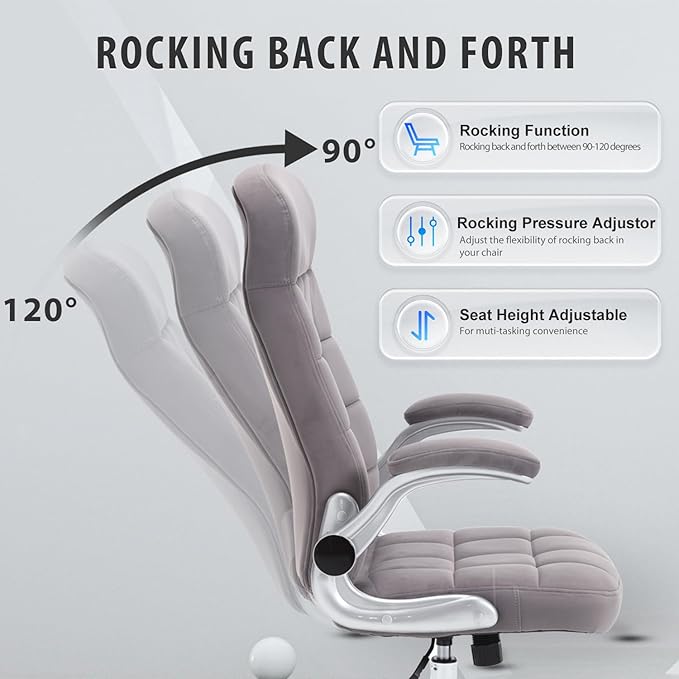 High Back Fabric Office Chair, Velvet Executive Desk Chair with Flip-Up Arms, Ergonomic Office Desk Chair with Lumbar Support, Upholstered Home Computer Chair with Wheels(Grey)