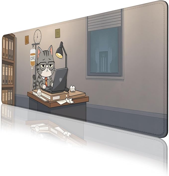 Funny Cat Desk Mat Cute Cartoon Office Coffee Addict Extended Gaming Mouse Pad Mat with Stitched Edge Non-Slip Base Big Mousepad 31.5"x11.8"