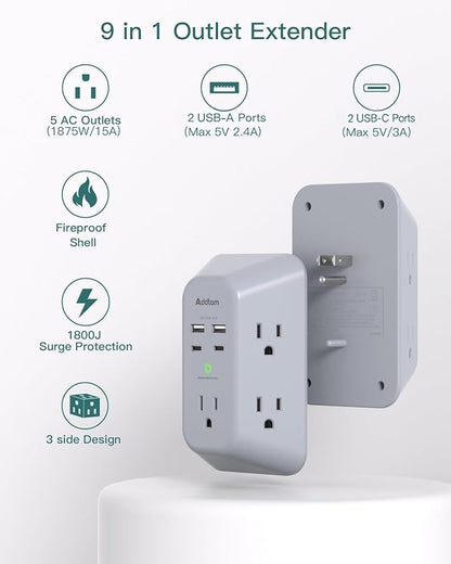 Addtam Surge Protector Outlet Extender, Multi Plug Wall Outlet with 4 USB Ports(PD 20W), 3-Sided 1800J Power Strip Plug Extension Outlet Splitter, Gray