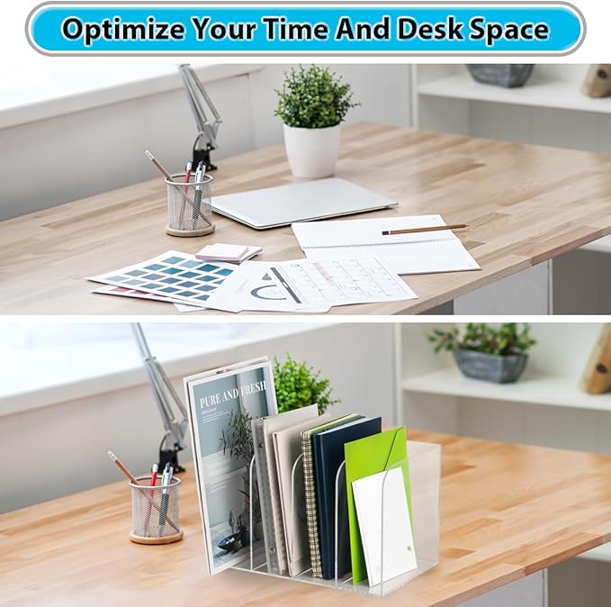 Acrylic File Organizer, Clear Desk Organizer Workspace Sorters, Magazine Binder Holder with 4 Vertical Compartments Bookshelf for Desk Home Office