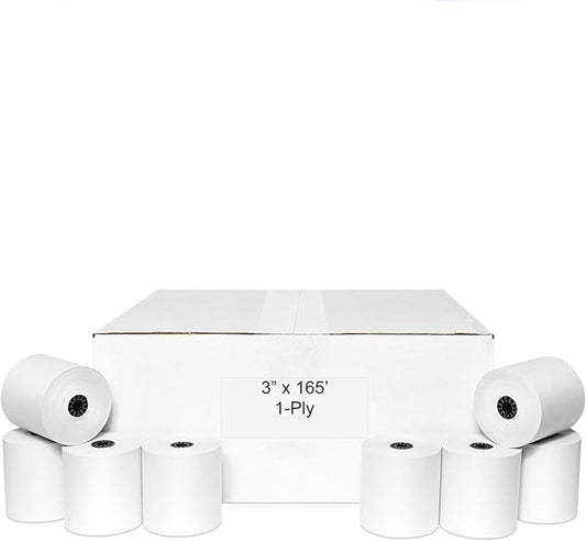 3" x 165' CASH REGISTER ROLLS,1 PLY BOND PRINTER POS PAPER ROLL 50 ROLLS/CASE (Double Solid Core)