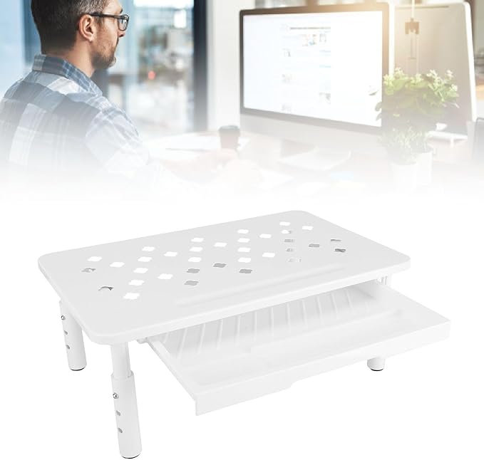 Asixxsix Desk Monitor Stand Riser, 3 Height Adjustable Laptop Riser with Drawer Storage Airflow Vents 44lbs Load Capacity Carbon Steel Tabletop Organizer for Printer Doucement Holder (White)