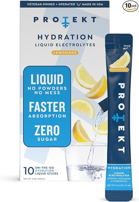 PROTEKT Electrolyte Packets for Recovery & Hydration | Organic & Sugar-Free Electrolytes Drinks | Works Faster Than Powder Drink | On-The-Go Liquid Hydration Drink | Lemonade, 10 Pack