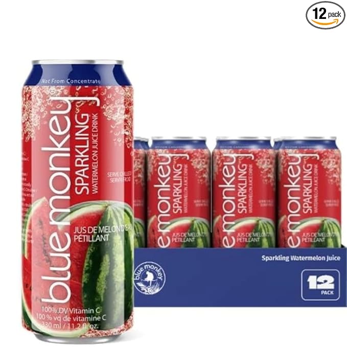 Blue Monkey Sparkling Watermelon Juice - Real Fruit Juice, No Sugar Added, All Natural, Lightly Carbonated, Halal Certified - Refreshing Tropical Sparkling Water Alternative - 11.2oz (330ml) 12 Pack