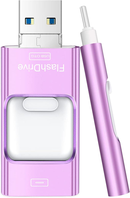 Flash Drive for iPhone 256GB, 4 in 1 USB Type C Memory Stick, Photo Stick External Storage Thumb Drive for iPhone iPad Android Computer, Violet Purple