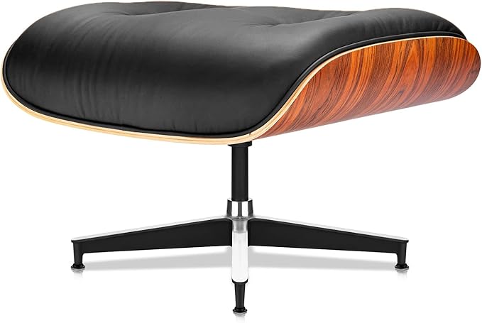 Top Black Grain Leather, Mid Century Chaise Lounge Chair and Ottoman, Modern Chair Classic Design, Palisander Wood, Heavy Duty Base Support for Living Room Office Study