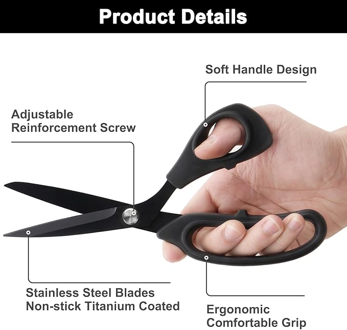 9 inch Black Office Scissors All Purpose, Sewing Scissors for Fabric Cutting, Sharp Titanium Coated Blade, Comfort Grip Soft Handles for Diy Craft, Paper, Art, School, Home