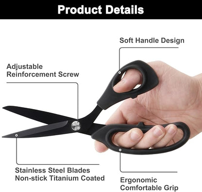 9 inch Black Office Scissors All Purpose, Sewing Scissors for Fabric Cutting, Sharp Titanium Coated Blade, Comfort Grip Soft Handles for Diy Craft, Paper, Art, School, Home