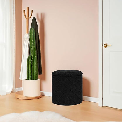 B FSOBEIIALEO Ottoman with Stroage, Boucle Round Storage Ottoman with Tray,Foot Rest Stool for Dorm Room, Living Room Black, 12.99"x12.99"x13.78"