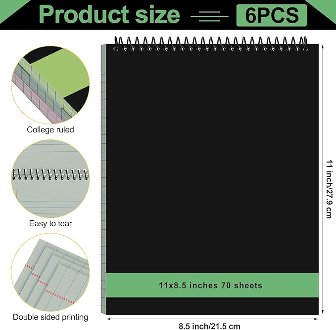 6 Pcs Legal Pad Top Spiral Bound Notebook 70 Sheets Wirebound Notepad Double Sided Ruled Memo Steno Pad with Stiff Back Cover for Business(8.5 x 11 Inches,No Holes,Neutral Color)