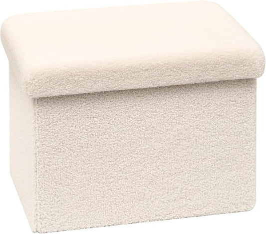 PINPLUS Storage Ottoman Cube Ottoman Foot Rest,Small Foldable Portable Boucle Upholstered Sherpa Ottomans, Faux Teddy Fur, White 16.5"x12.6"x12.6"