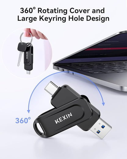 KEXIN USB C Flash Drive 512GB Thumb Drive 100MB/s Swivel Dual USB Drive 3.0 USB-A & Type-C Jump Drive for Smartphone Tablet iPhone 15/16 Car Game Console, 512GB Black