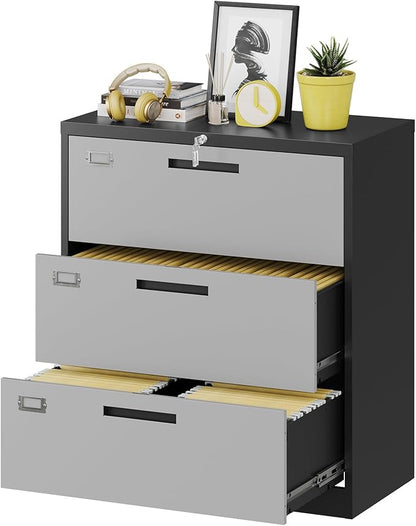 3 Drawer Lateral File Cabinet with Lock, Metal Steel Filling Cabinets for Home Office, Gray Lockable Storage Cabinet for Hanging Files Letter/Legal/F4/A4 Size-Assembly Required